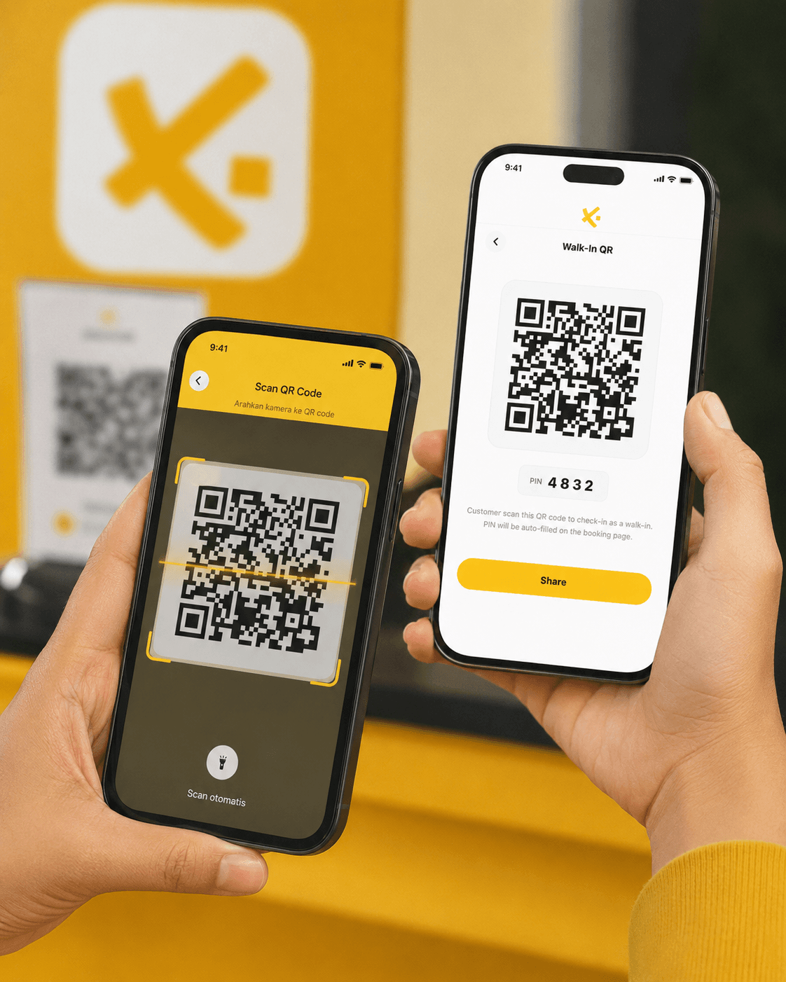 Customer scanning QR code to join walk-in queue at barbershop