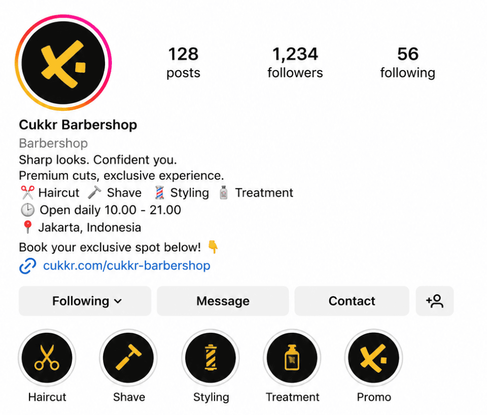Cukkr barbershop Instagram profile with exclusive booking link in bio